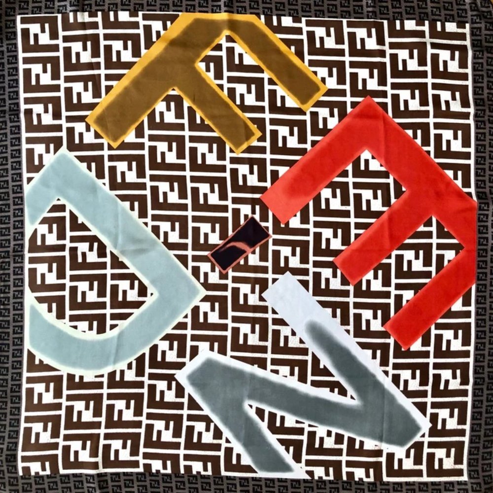 Vintage Fendi Multicolor Monogram Logo Silk Scarf HTF